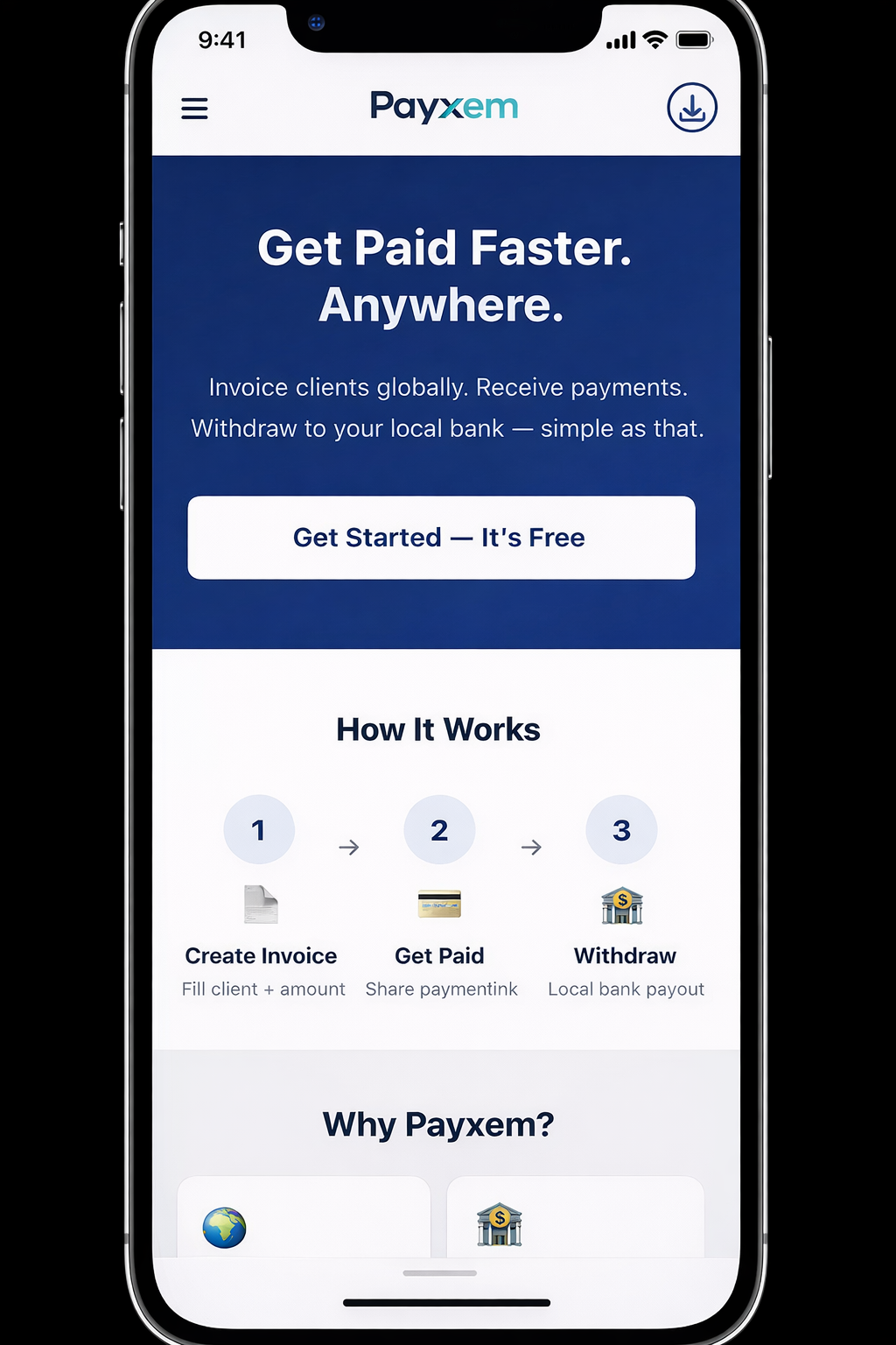 Payxem app dashboard showing wallet balance, invoices, and earnings